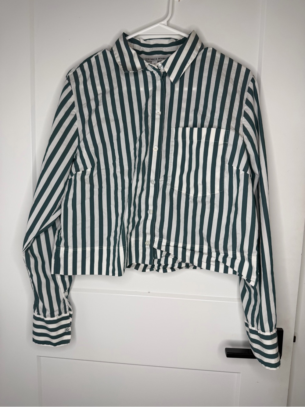 Veronica Beard Green and White Vertical Stripe Button-Down Shirt